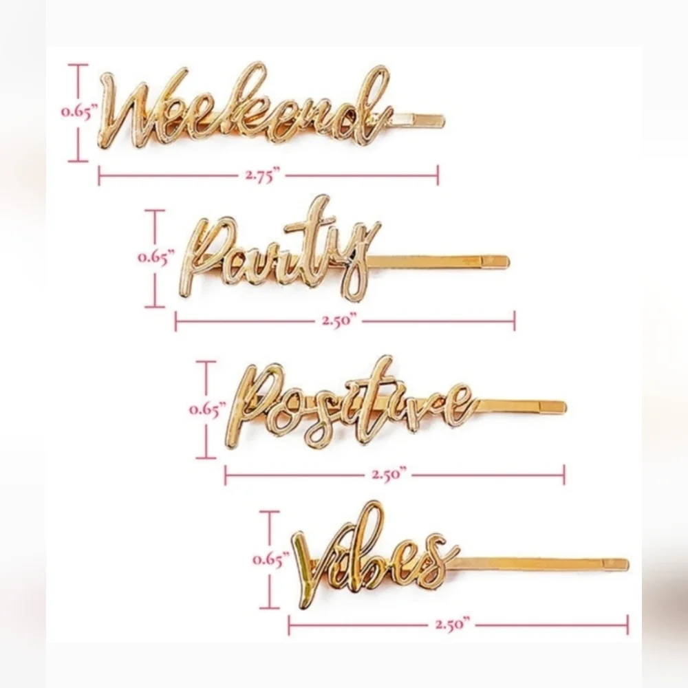 Adama BNIB Gold Script Word Barrettes - Party Vibes Positive Weekend
